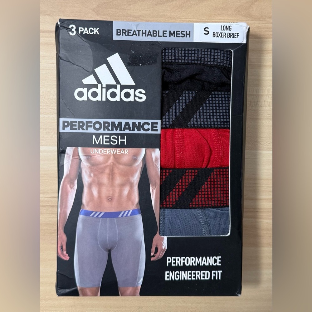 adidas Performance‎ Mesh Long Boxer Briefs – 3 Pack Red Black Grey Mens Size S